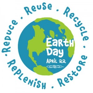 Earth Day reminder for April 22 to Reuse, Recycle, Reduce, Replenish, and Restore